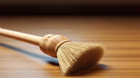Close up of a broom on a wooden table. Shallow depth of field.の素材
