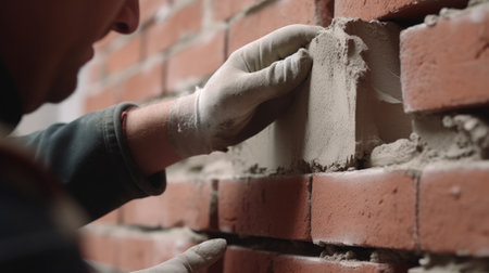 Worker bricklayer plastering red brick wall with putty knifeの素材