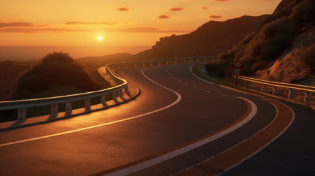 Asphalt road in the mountains at sunset. 3d rendering.の素材
