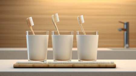 Toothbrushes and milk in a glass. 3d renderingの素材