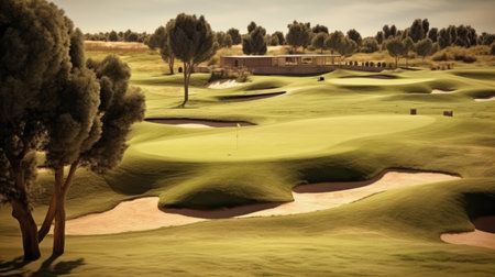 Golf course landscape with sand and green, vintage toned.の素材