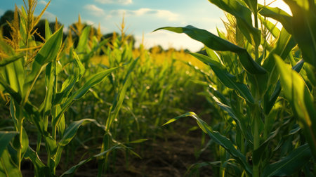 Green corn field at sunset. Nature background. Close up of corn field.の素材