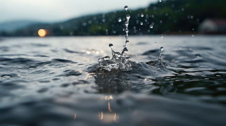 Water drop on the surface of the water. Splash effect after collision a falling drops with water Surfaceの素材