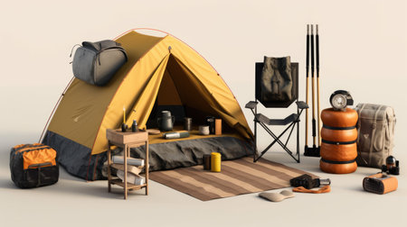 Set of camping equipment, 3d rendering. Computer digital drawing.の素材