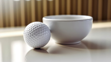 Golf ball and cup on a white table with copy space.の素材