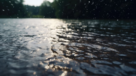 Raindrops on the surface of the lake in the forest. Selective focus.の素材