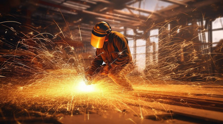Industrial worker with protective mask welding steel structure. Metal industry.の素材