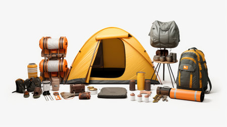 Set of camping equipment isolated on a white background. 3d renderingの素材