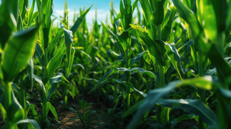 Close-up of young corn growing on a field in summer.の素材