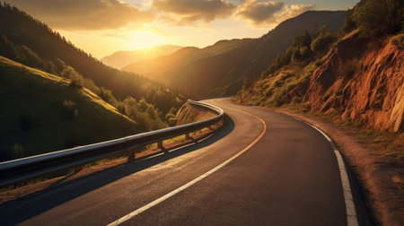 Winding road in the mountains at sunset. Beautiful landscape with empty asphalt road.の素材