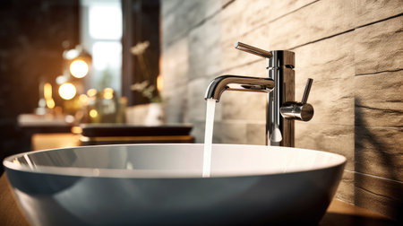 Close up of modern bathroom faucet and sink. Home interiorの素材