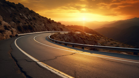 Asphalt road leading to the sun at sunset. 3d renderingの素材