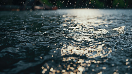 Raindrops on the surface of the water. Blurred background.の素材