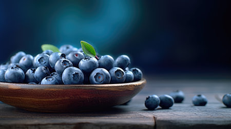 Fresh blueberries in a wooden bowl on a dark background with copy spaceの素材