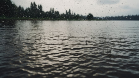 Raindrops on the surface of the lake. Shallow depth of field.の素材