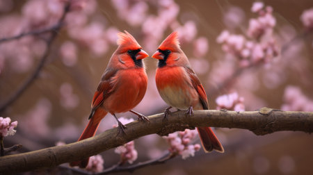 Male and female Northern Cardinal (cardinalis cardinalis) on a blooming branchの素材