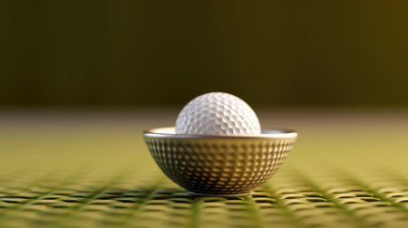 Golf ball in a cup on a green background. Close-upの素材
