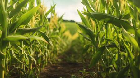 Close up of corn growing on the field in summer. Cornfield.の素材