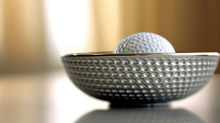 Golf ball in a metal bowl on a white table with reflectionの素材