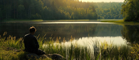 Man sitting on the shore of a lake in the forest at sunsetの素材