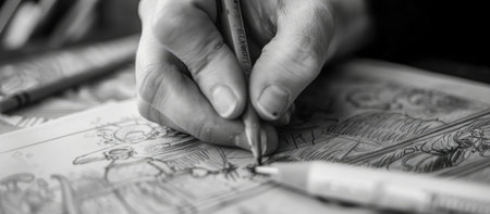 Close-up of the hands of a young caucasian man drawing a picture with a pencil.の素材