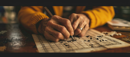 Close up of senior man playing board game. Elderly person playing chess.の素材