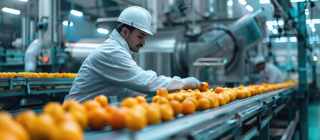 Conveyor belt with tangerines in factory. Industrial backgroundの素材
