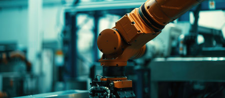 Industrial robot arm working on assembly line in factory. Smart industry 4.0 conceptの素材