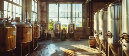 Vintage brewery interior with beer tanks and barrels, panoramic viewの素材