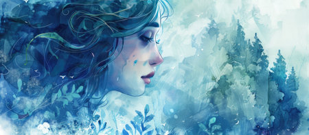 Digital painting of a beautiful woman with blue hair and green leaves.の素材