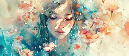Beautiful young woman with spring flowers in her hair. Digital painting.の素材