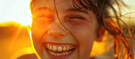 Close-up portrait of a little girl on the beach at sunsetの素材