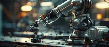 3d rendering robotic arm working on a conveyor belt in a factoryの素材