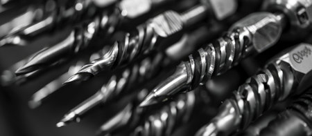 Close-up of a group of drill bits in black and whiteの素材