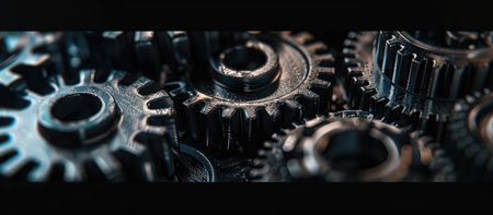 Close up of metal gear wheels, industrial background. 3d renderingの素材