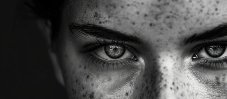 Close-up of a woman's face with freckles.の素材