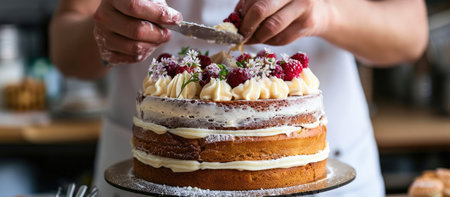 Closeup of female chef decorating cake with fresh raspberriesの素材