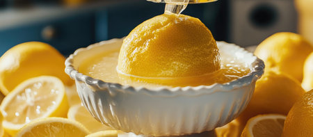 A close-up of a citrus juicer squeezing fresh lemon juice into a bowl. . --ar 16:7 --v 6.1 Job ID: 864e35aa-30df-407e-882d-8173afba748fの素材