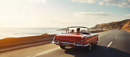 A classic convertible car driving along a coastal highway, with the top down and the wind blowing through the passengers' hair. . --ar 16:7 --v 6.1 Job ID: 3dc0a8d1-9fca-499d-aa0c-bd114d212347の素材
