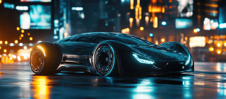 A futuristic concept car with aerodynamic lines and LED headlights, driving through a city at night. . --ar 16:7 --v 6.1 Job ID: 6c3e9ec7-0c5d-4974-bac8-8b57f5a72ac7の素材
