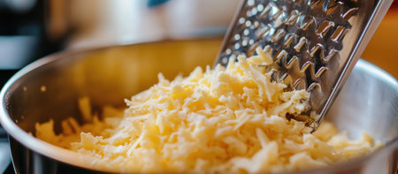 A close-up of a cheese grater shredding cheddar cheese into a bowl. . --ar 16:7 --v 6.1 Job ID: c231eb1a-3b97-4030-a051-2222b490891bの素材