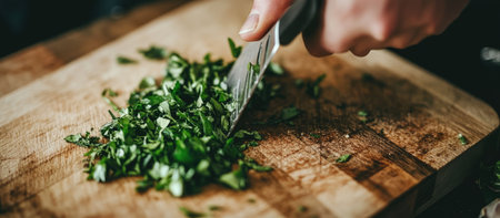 A close-up of a knife chopping herbs on a wooden cutting board. . --ar 16:7 --v 6.1 Job ID: 416fc4f9-9e0b-4843-b3b6-35e6dfde385eの素材
