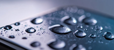 A close-up of a smartphoneâs camera lens, with droplets of water beading on the surface. . --ar 16:7 --v 6.1 Job ID: f0dbda21-00bc-4327-a0b2-d57981f131c7の素材