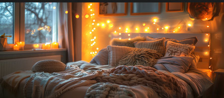 Cozy winter bedroom with christmas lights garland on the wallの素材