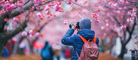 A traveler taking photos of cherry blossoms in Japan. . --ar 16:7 Job ID: 23aaf228-5bb6-4304-ba96-a6239a9ba8d7の素材