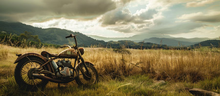 A vintage motorcycle in a scenic countryside. . --ar 16:7 Job ID: 2297c7ec-7cca-4fe6-a0b6-649797801c5fの素材