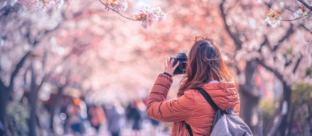 A traveler taking photos of cherry blossoms in Japan. . --ar 16:7 Job ID: 23aaf228-5bb6-4304-ba96-a6239a9ba8d7の素材
