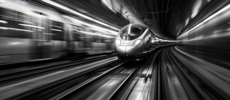 A sleek, modern train speeding down the tracks. . --ar 16:7 Job ID: ae0ce18c-ae1a-473c-8318-aa8a188d8a5fの素材