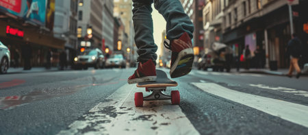 A skateboarder cruising down an urban street. . --ar 16:7 Job ID: 7f63081f-9941-4846-bdac-e96c07beabf0の素材