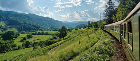 A scenic train ride through the countryside of Austria. . --ar 16:7 Job ID: 378a1616-49cc-4c09-bff5-8f2829fccfa5の素材